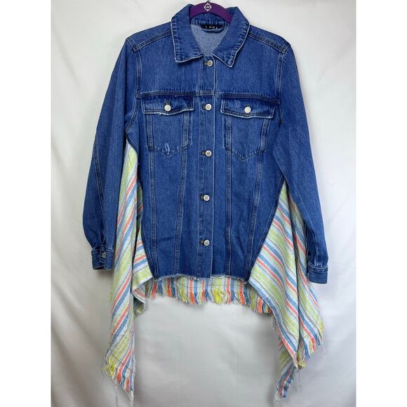 NWT J. NNA Women's Small Blue Denim W Woven Back Long Fringed Side Jean Jacket - Picture 1 of 10